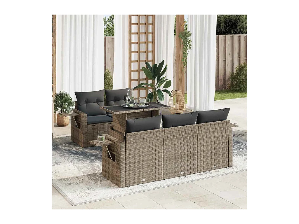 6-delige Loungeset met kussens poly rattan grijs