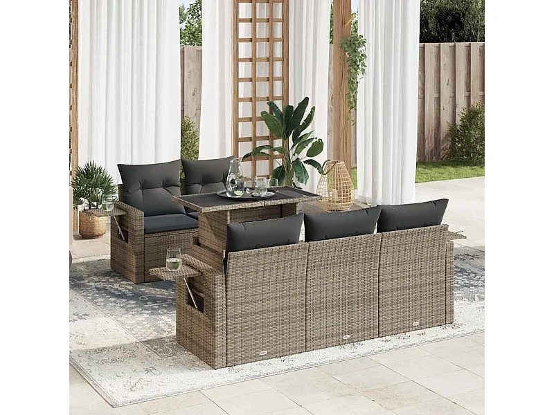 6 peças conjunto sofás de jardim com almofadões vime cinzento