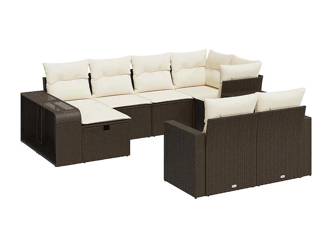 Salon de jardin 10 pièces avec coussins marron résine tressée