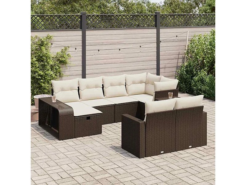 Set de sofás de jardín 10 piezas y cojines ratán sintético marrón