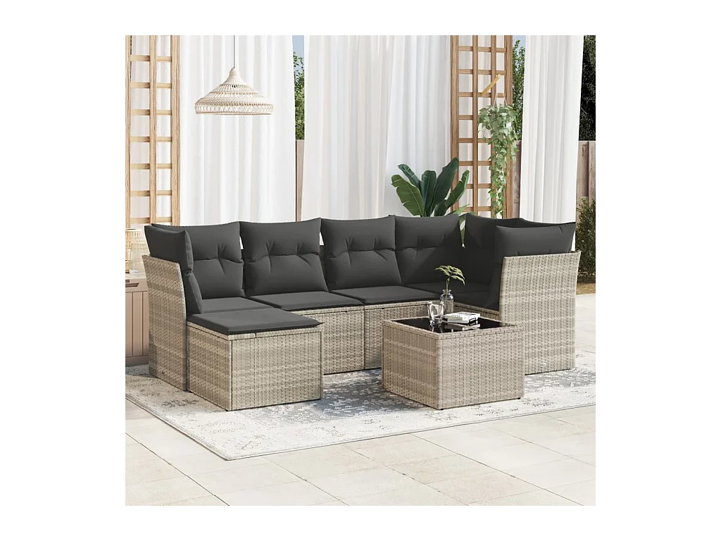 Salon de jardin avec coussins 7 pièces gris clair résine tressée