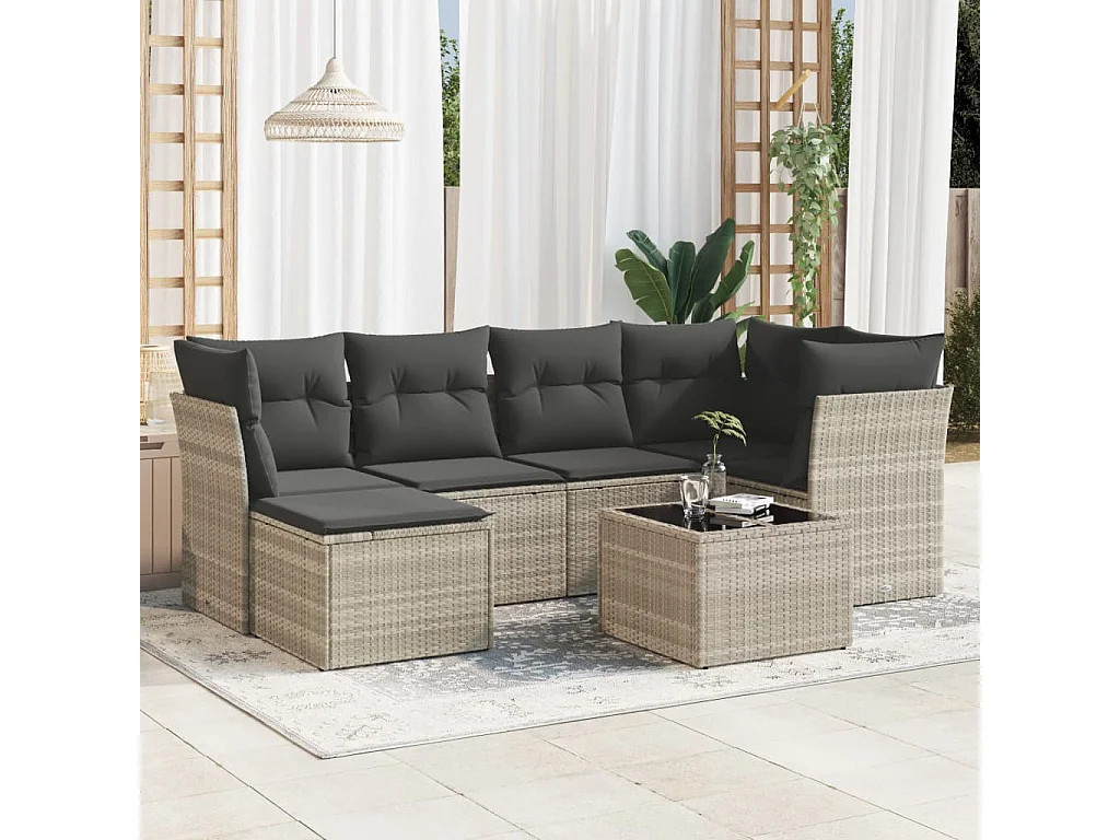 Salon de jardin avec coussins 7 pièces gris clair résine tressée