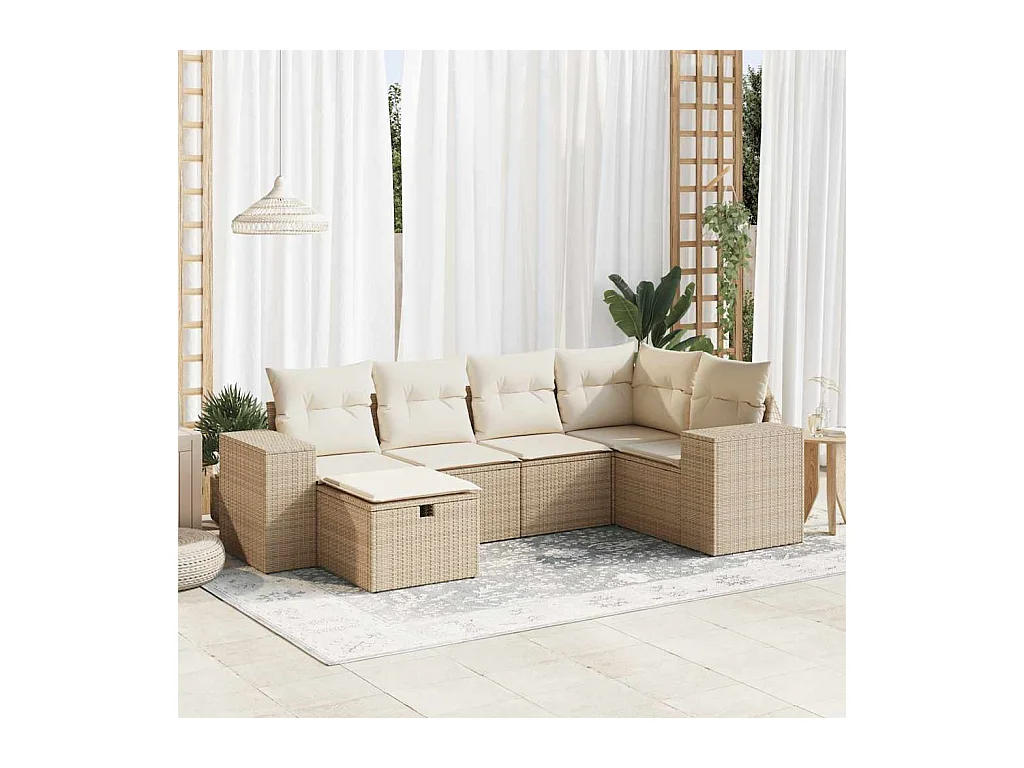 6-delige Loungeset met kussens poly rattan beige