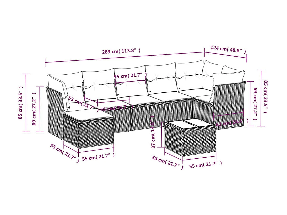 8-delige Loungeset met kussens poly rattan lichtgrijs