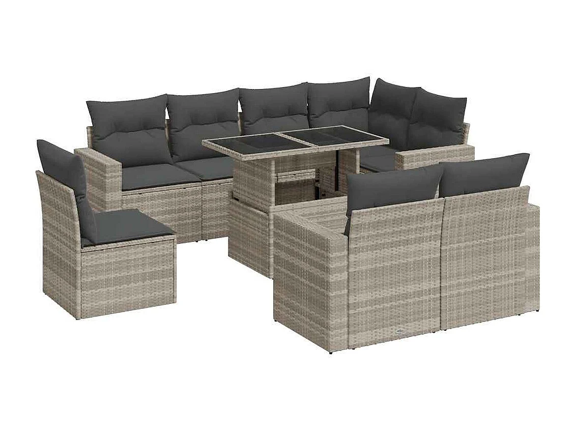 Set muebles jardín 9 piezas y cojines ratán sintético gris claro