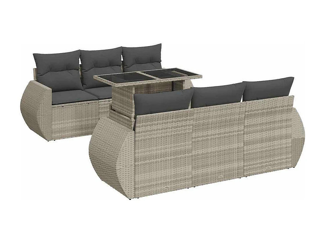 7 peças conj. sofás jardim com almofadões vime PE cinzento-claro