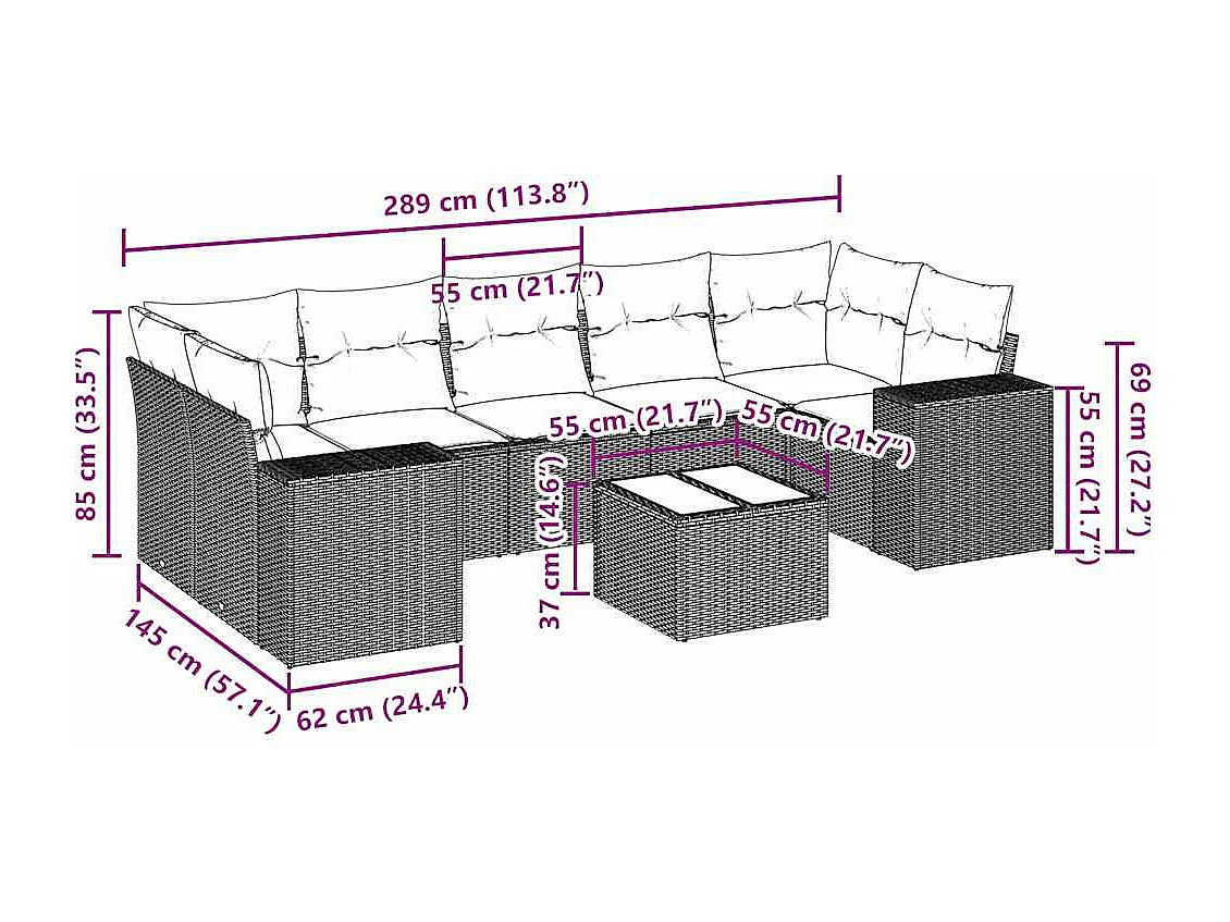 Salon de jardin 8 pièces avec coussins gris clair résine tressée