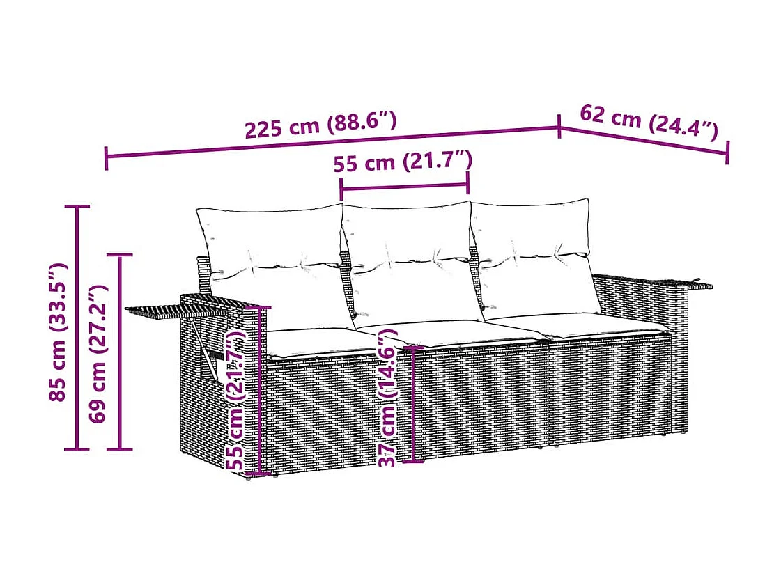 3 peças conj. sofás jardim com almofadões vime PE cinzento-claro