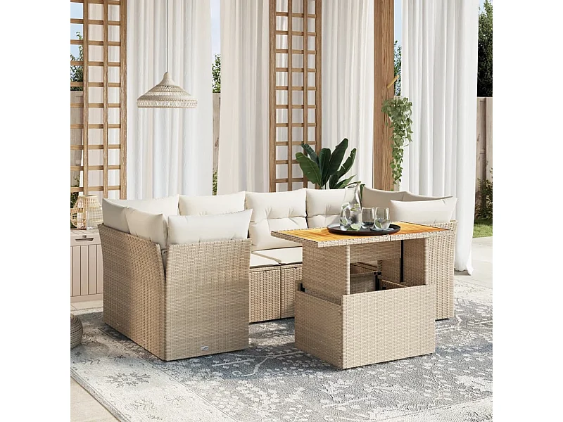 7 peças conjunto de sofás para jardim com almofadões vime PE bege