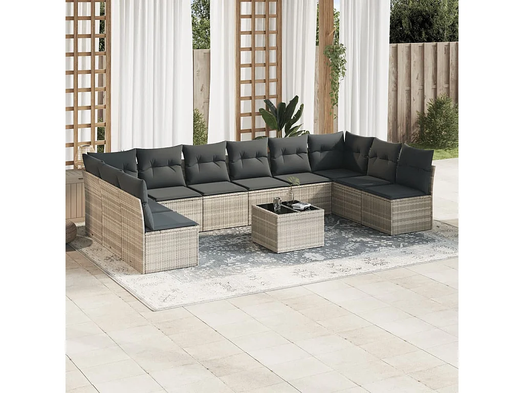 11 peças conjunto sofás de jardim com almofadões vime PE cinzento