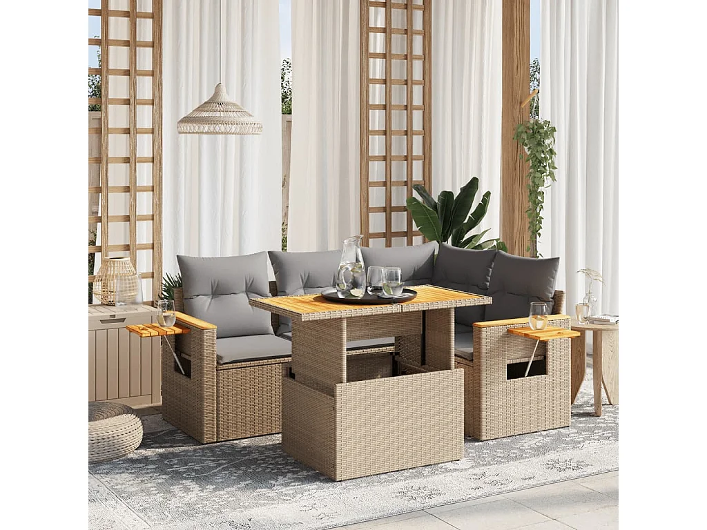 Salon de jardin avec coussins 5 pièces beige résine tressée