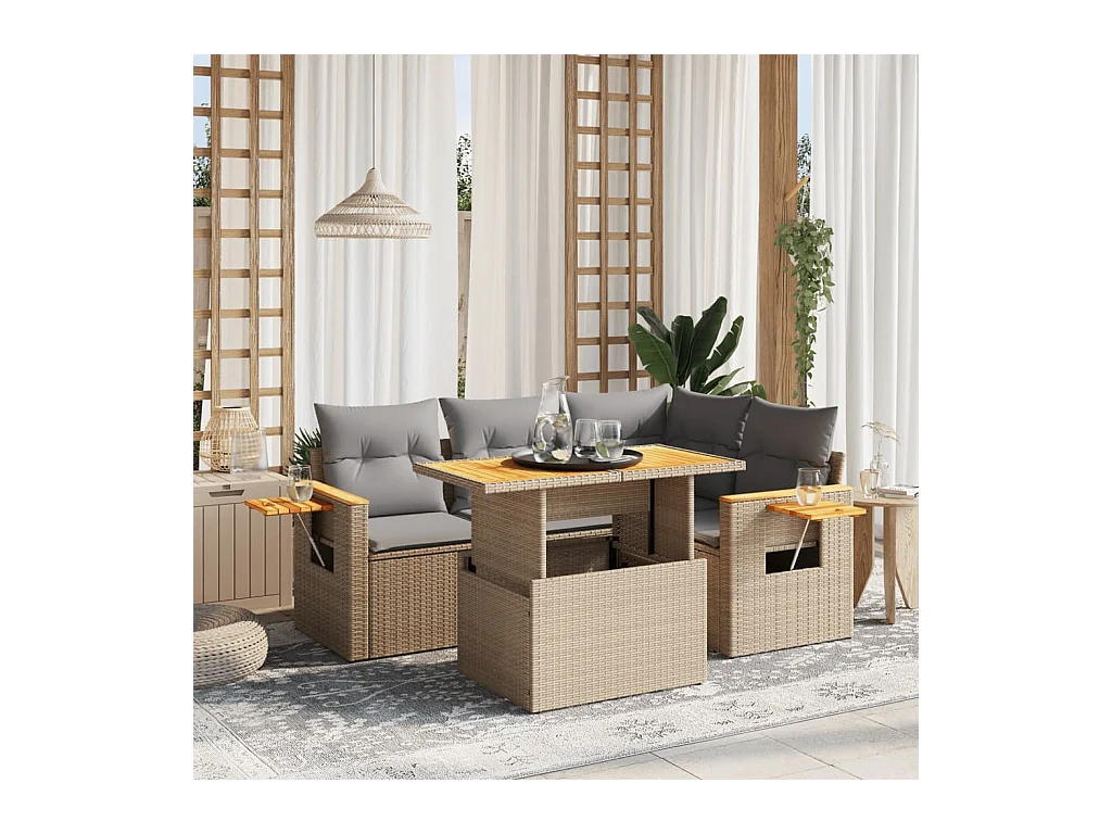 5-delige Loungeset met kussens poly rattan beige