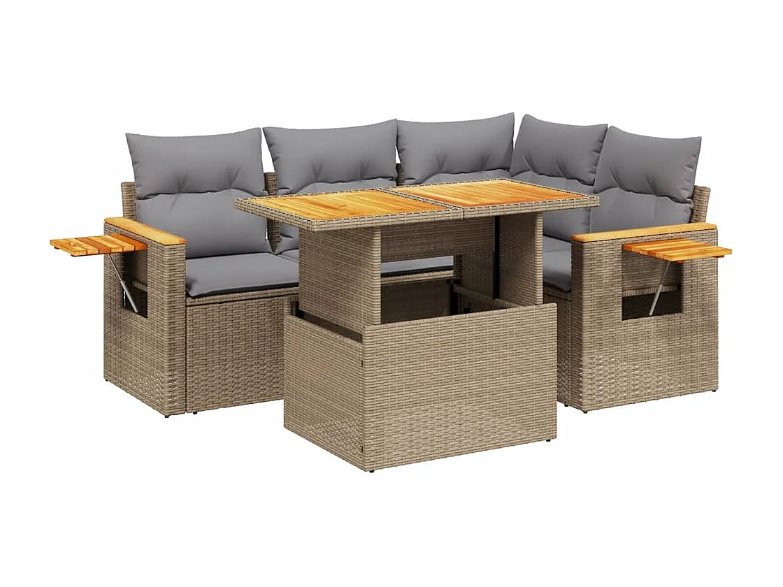 5 peças conjunto de sofás para jardim com almofadões vime PE bege