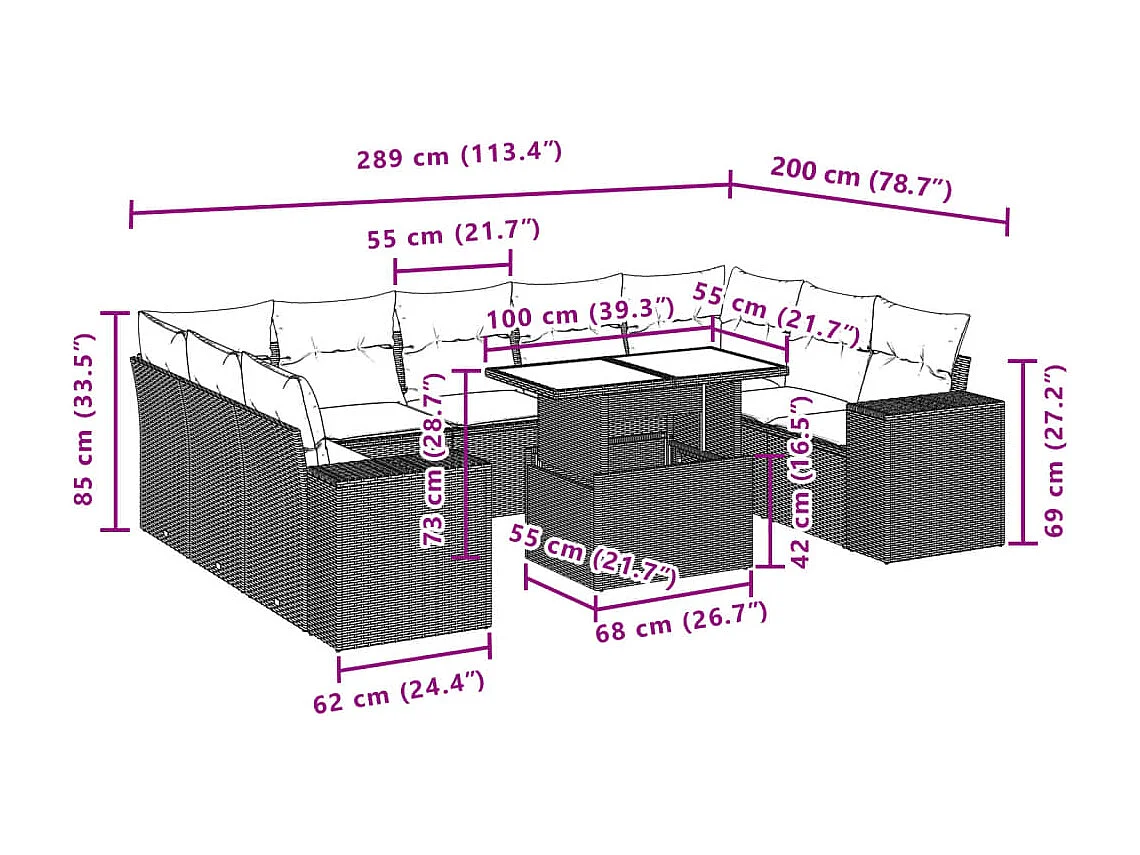 Salon de jardin avec coussins 10 pièces gris clair résine tressée