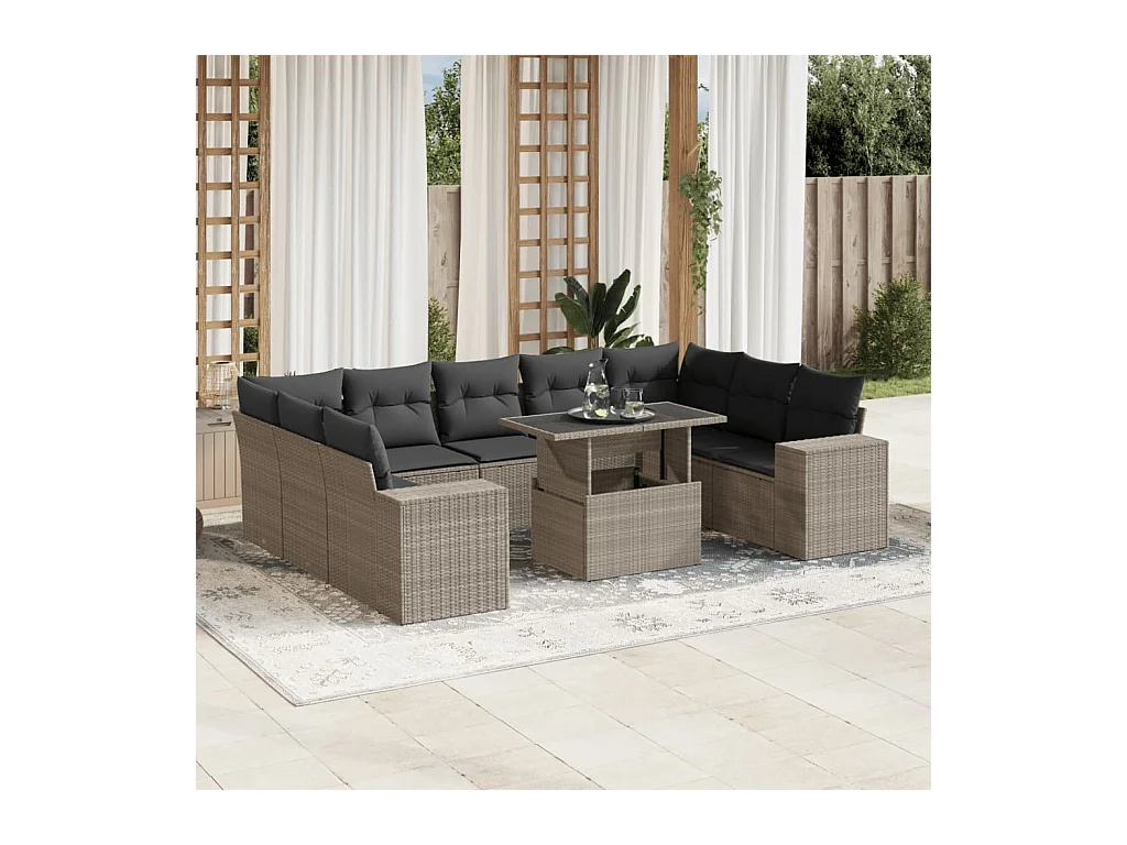 Set sofás jardín 10 piezas con cojines ratán sintético gris claro