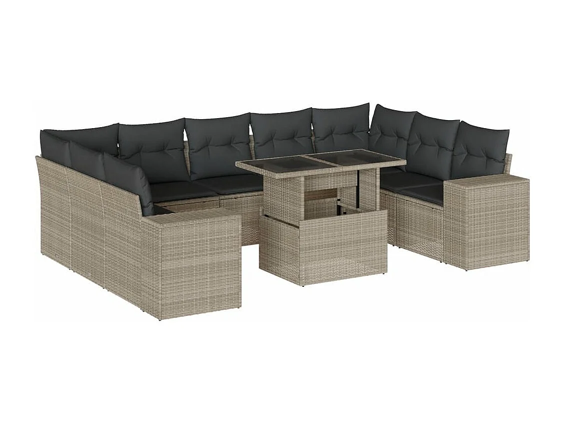 10 peças conj. sofás jardim com almofadões vime PE cinzento-claro
