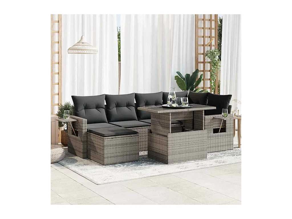 Salon de jardin avec coussins 7 pièces gris résine tressée