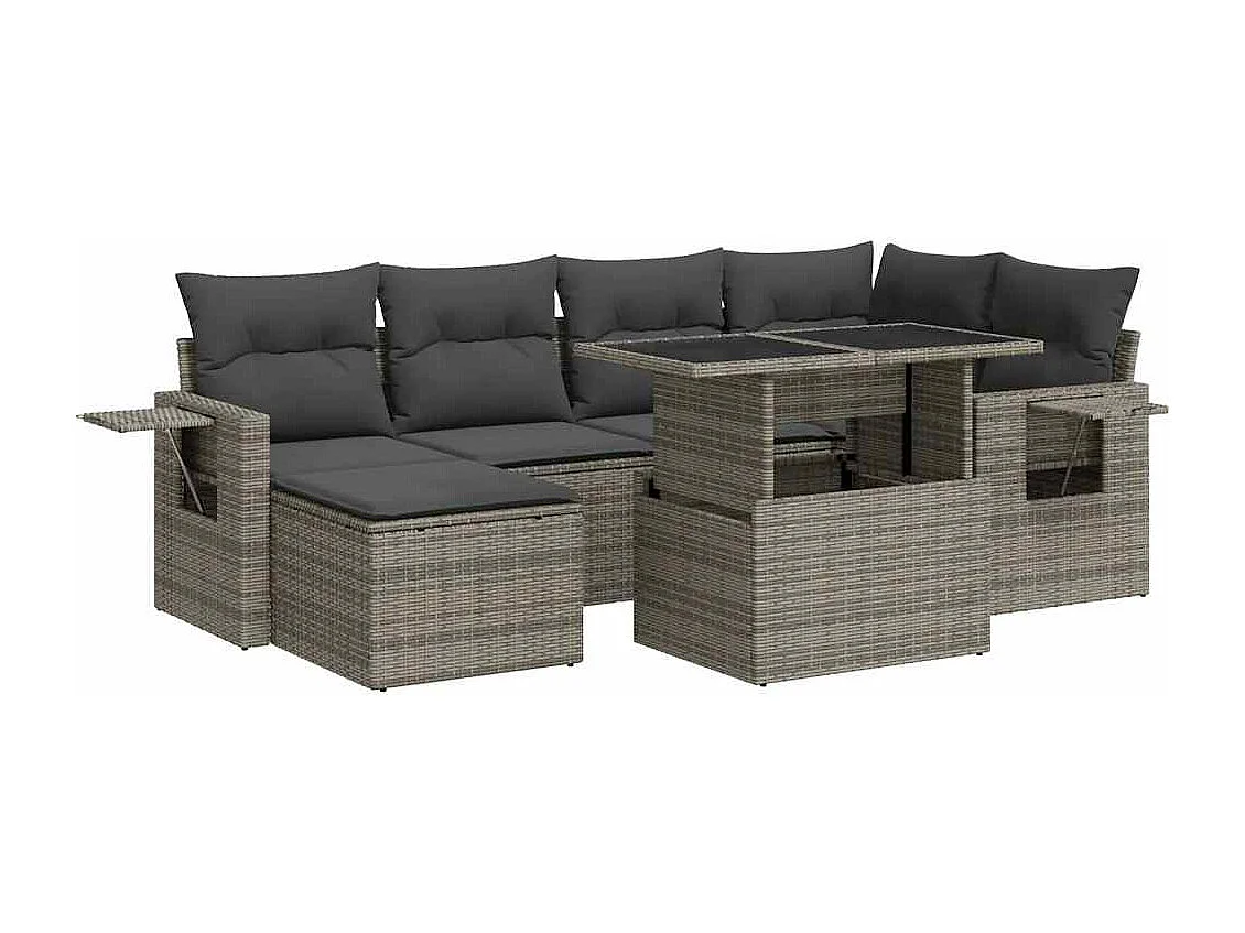 Set de sofás de jardín 7 piezas con cojines ratán sintético gris