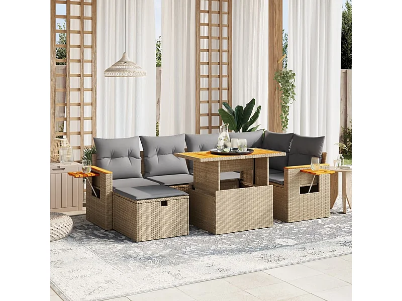 7 peças conjunto de sofás para jardim com almofadões vime PE bege