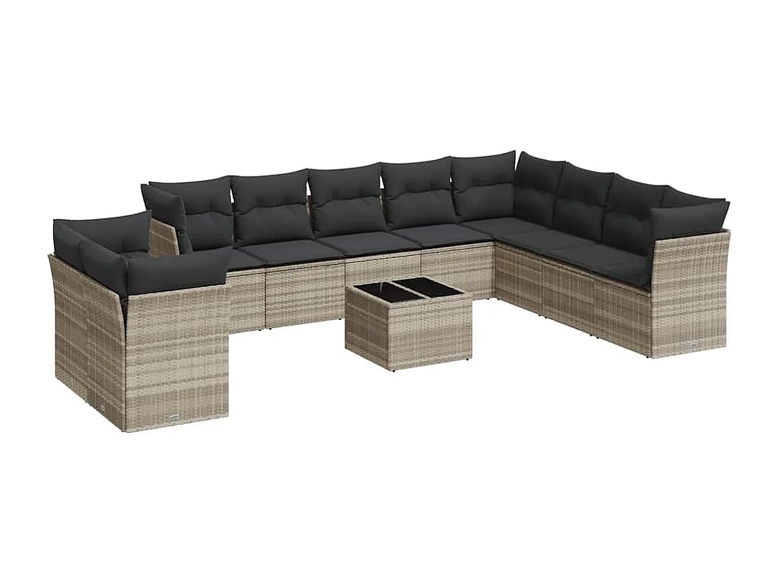 11 peças conjunto sofás de jardim com almofadões vime PE cinzento