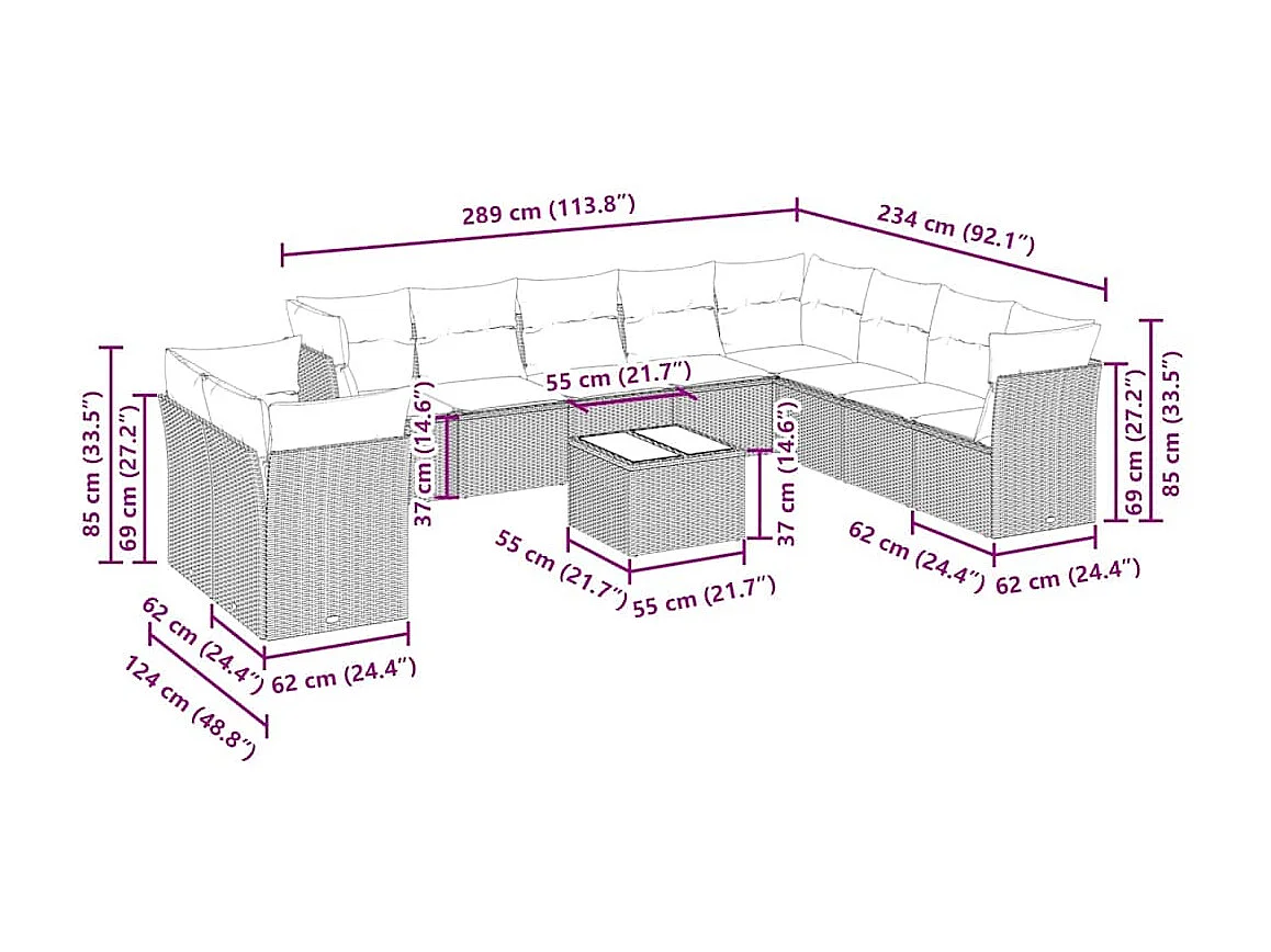 11 peças conjunto sofás de jardim com almofadões vime PE cinzento