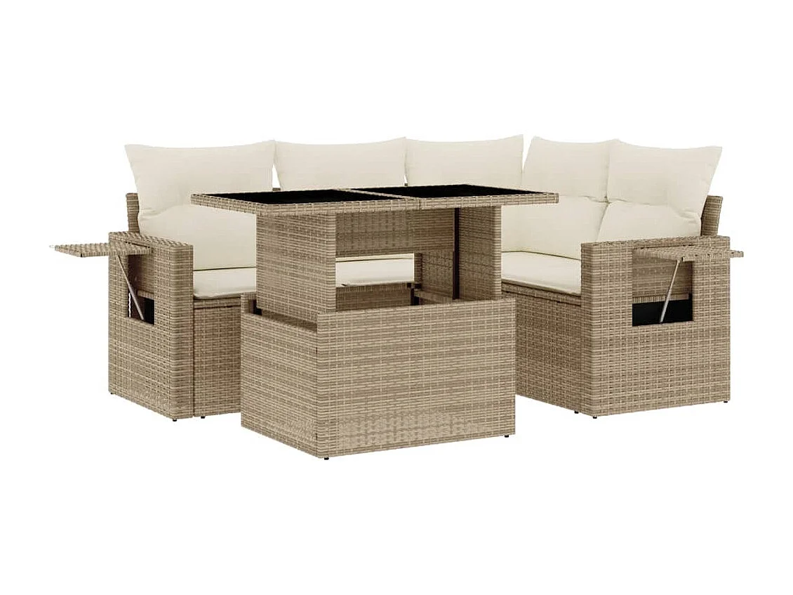 Salon de jardin avec coussins 5 pièces beige résine tressée
