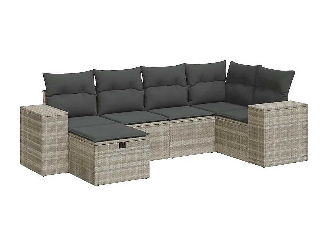 Set de sofás de jardín 6 piezas y cojines ratán sintético gris