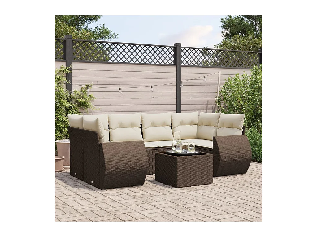 Salon de jardin avec coussins 7 pièces marron résine tressée