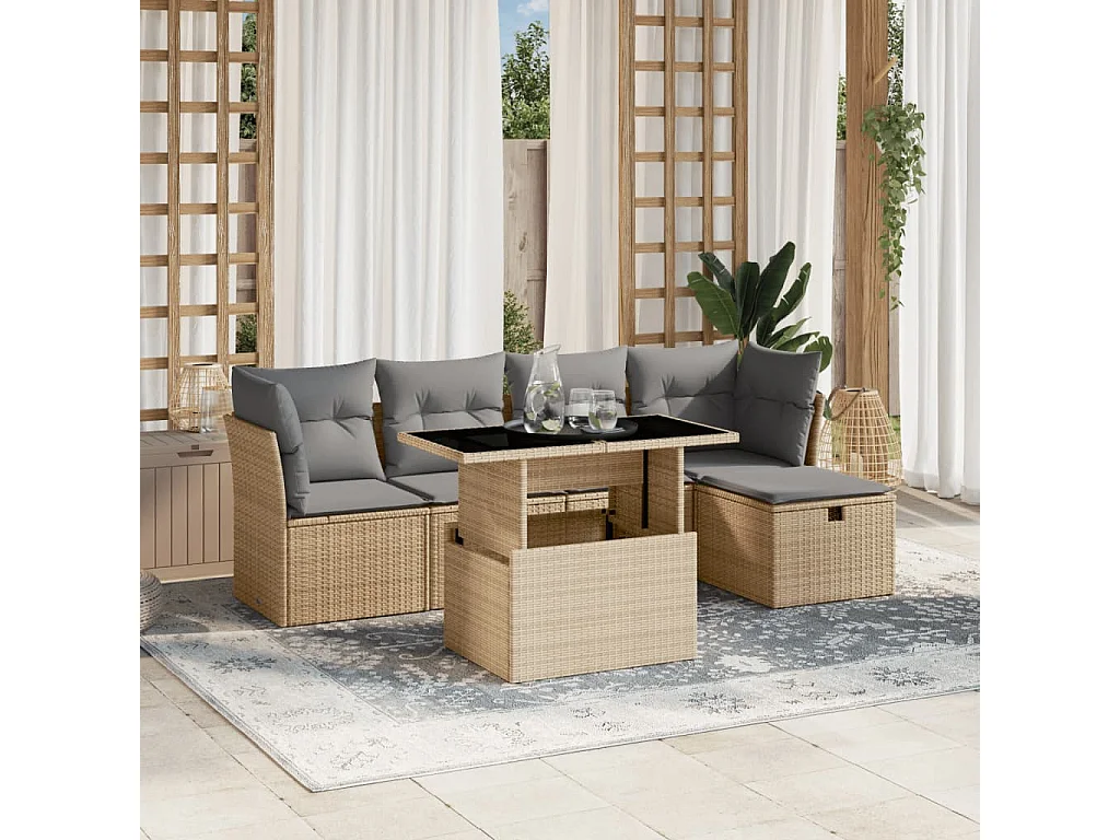 Salon de jardin avec coussins 6 pièces beige résine tressée