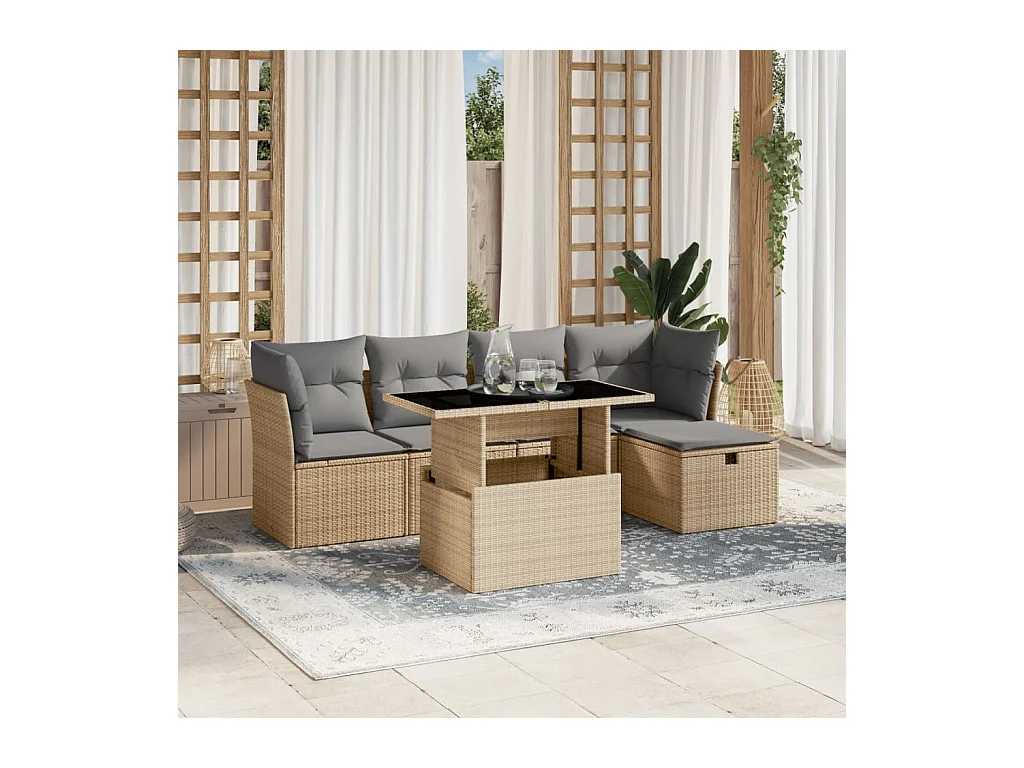 Salon de jardin avec coussins 6 pièces beige résine tressée