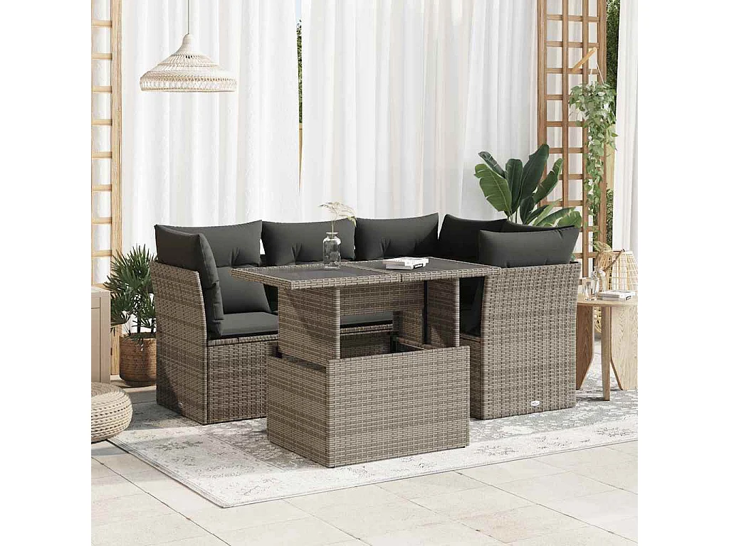 5-delige Loungeset met kussens poly rattan grijs