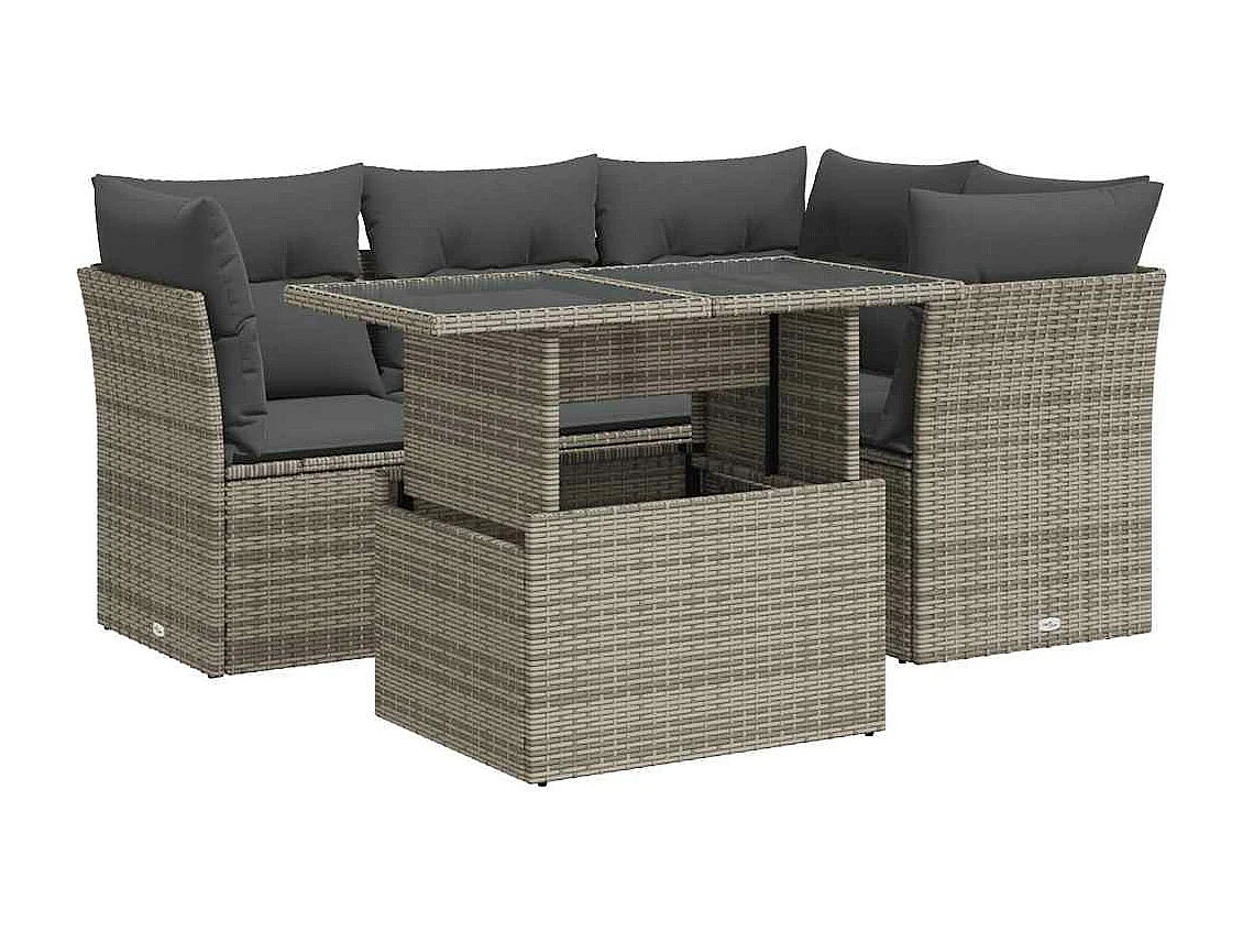 5-delige Loungeset met kussens poly rattan grijs