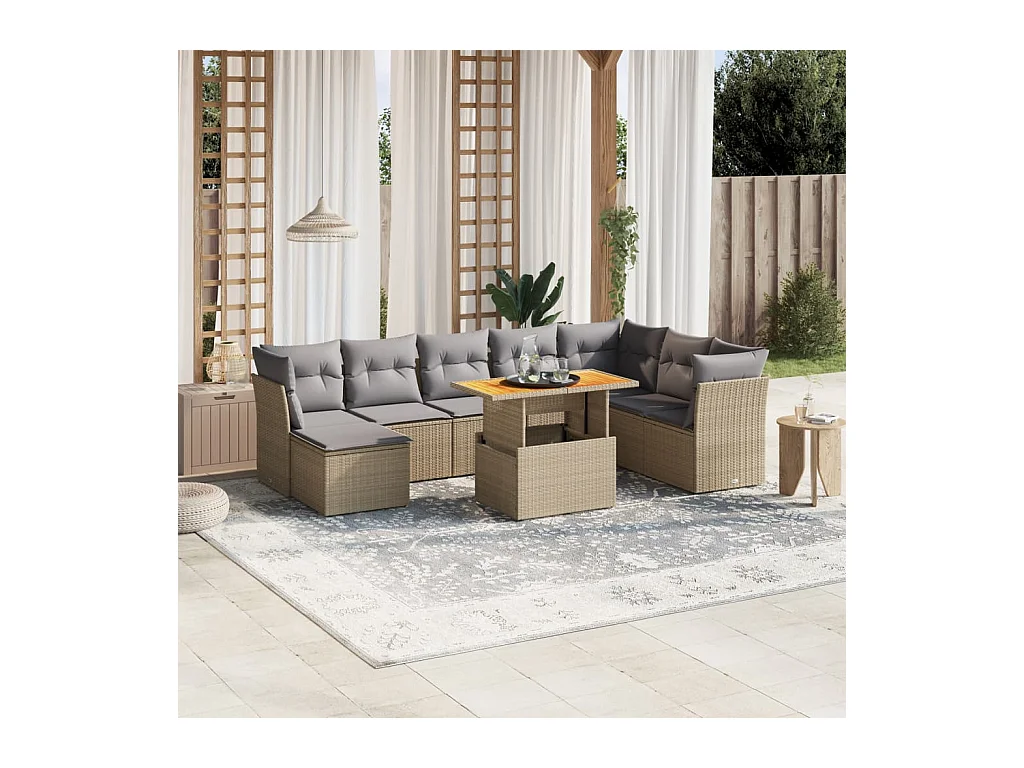 9 peças conjunto de sofás para jardim com almofadões vime PE bege