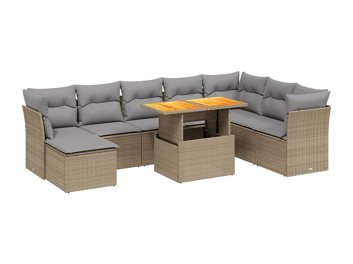 9-delige Loungeset met kussens poly rattan beige