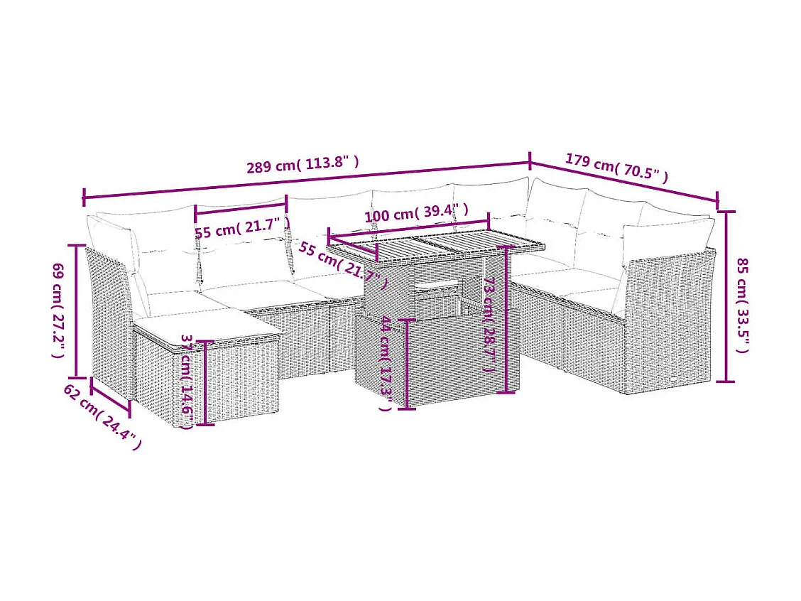 9-delige Loungeset met kussens poly rattan beige