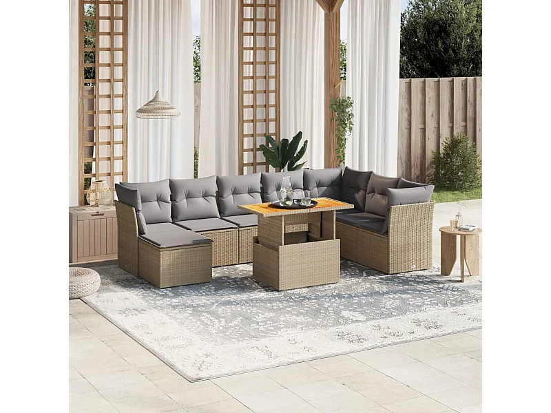 9-delige Loungeset met kussens poly rattan beige