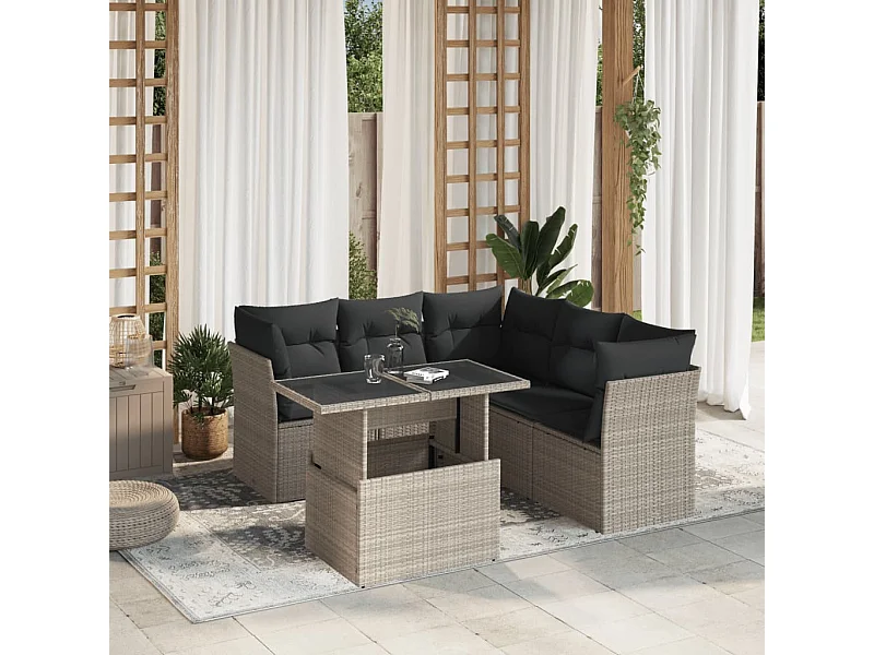 Salon de jardin 6 pièces avec coussins gris clair résine tressée