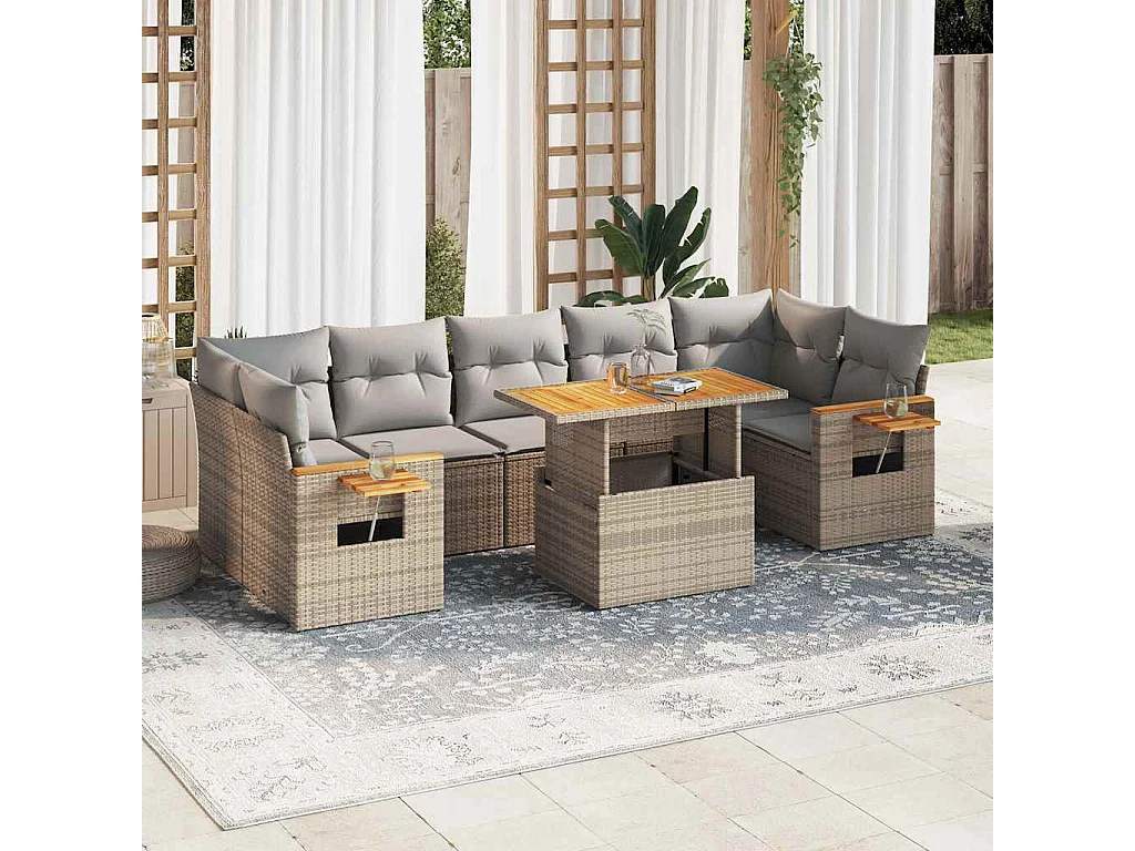 Set sofás jardín y cojines 8 piezas ratán sintético acacia beige