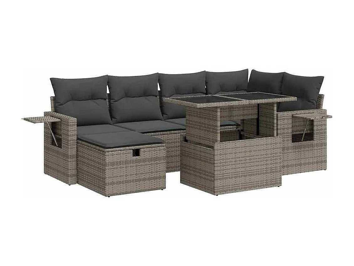 Set de sofás de jardín 7 piezas con cojines ratán sintético gris