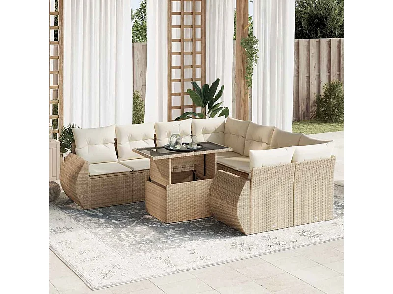 Salon de jardin avec coussins 9 pièces beige résine tressée