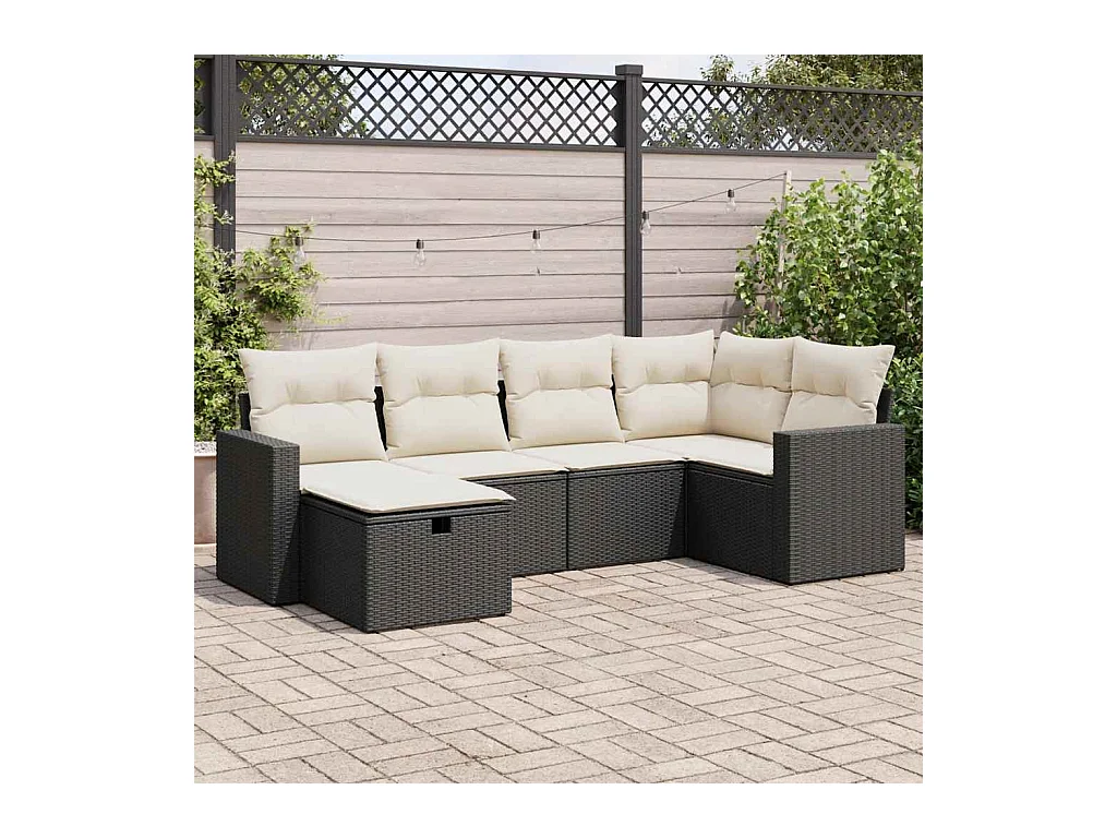 Set de sofás de jardín 6 piezas y cojines ratán sintético negro