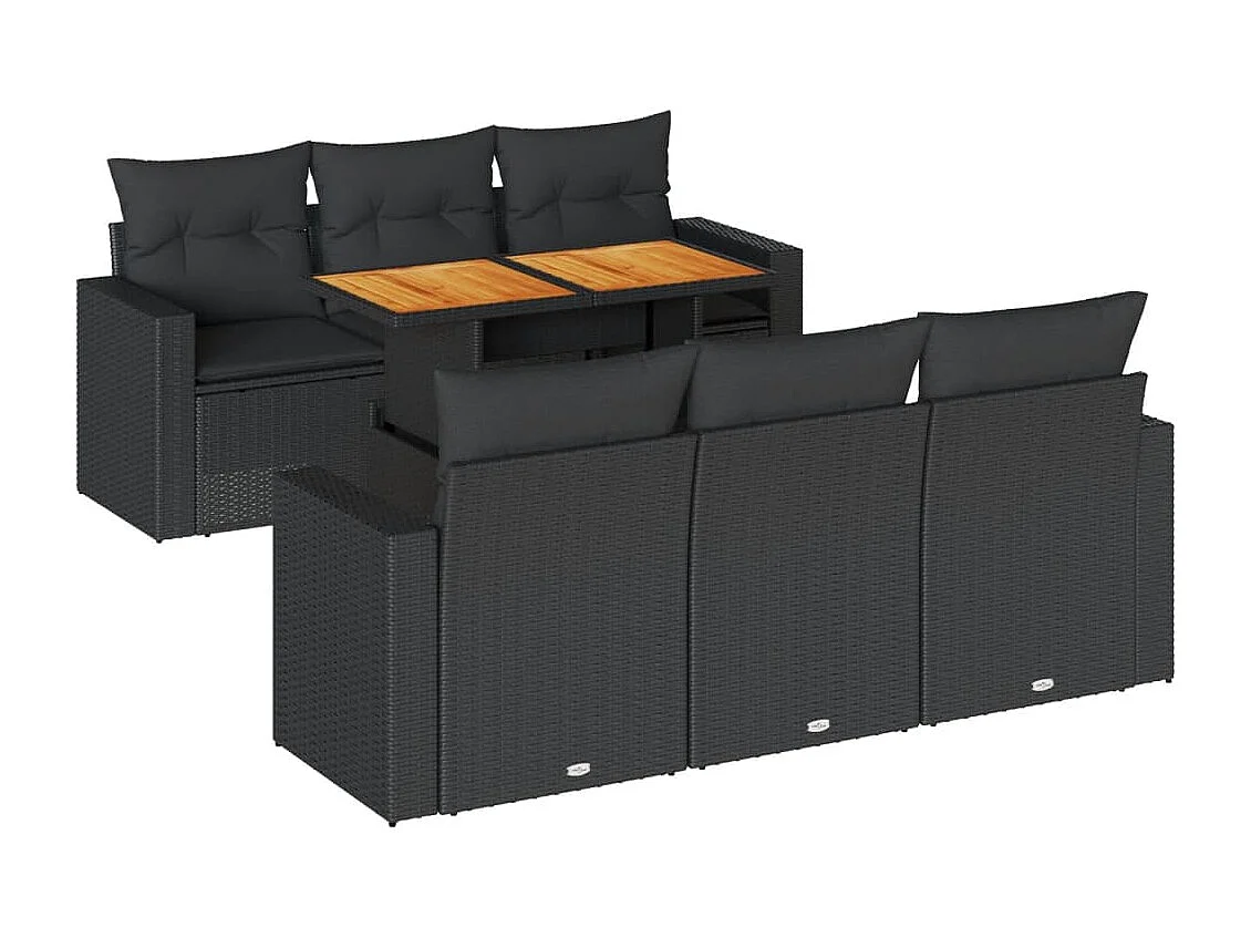 7-delige Loungeset met kussens poly rattan zwart