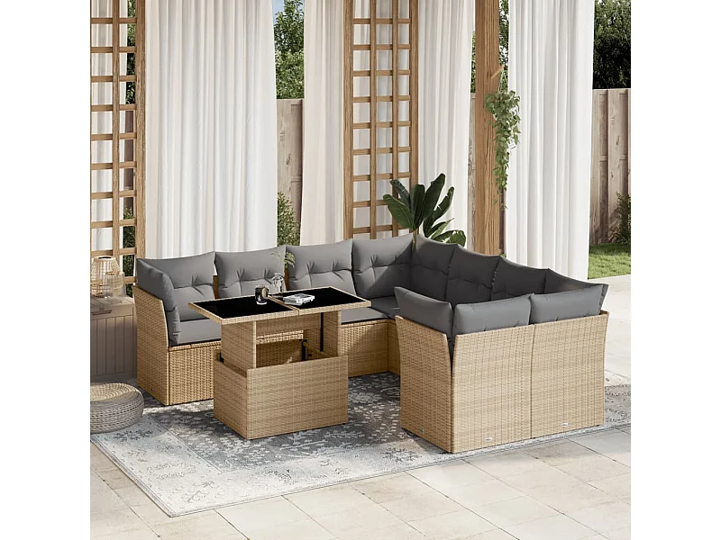 Salon de jardin avec coussins 9 pièces beige résine tressée