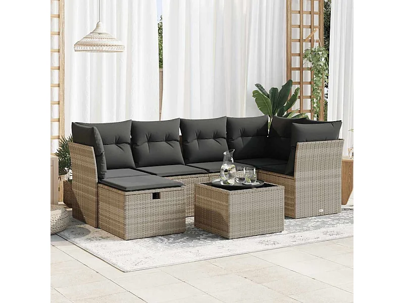 7-delige Loungeset met kussens poly rattan lichtgrijs