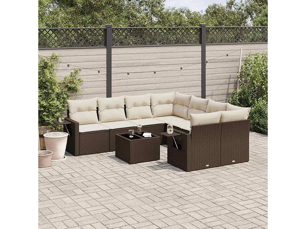 9-delige Loungeset met kussens poly rattan bruin