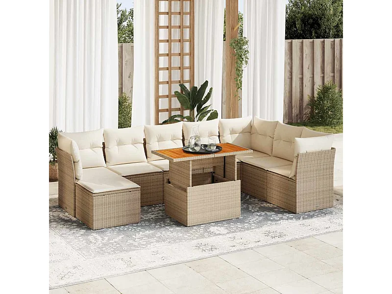 Salon de jardin avec coussins 9 pièces beige résine tressée