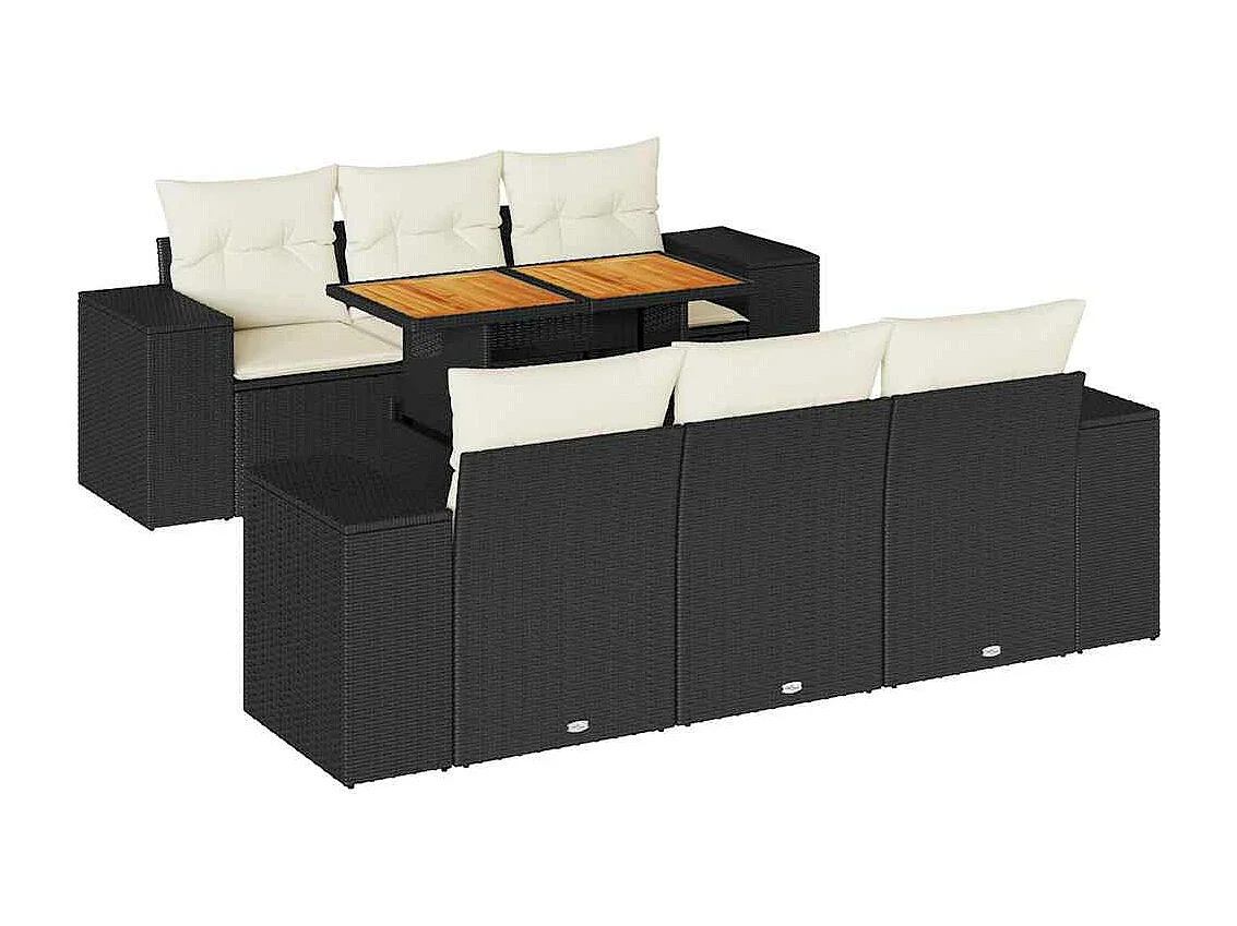 7-delige Loungeset met kussens poly rattan zwart