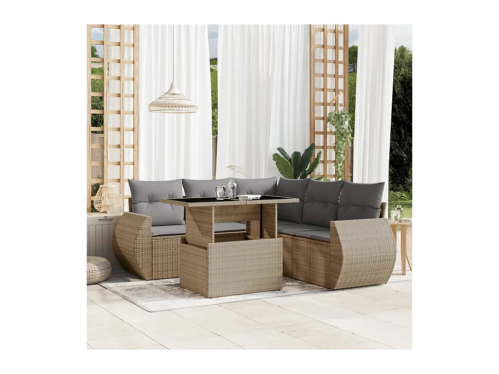 Salon de jardin avec coussins 6 pièces beige résine tressée