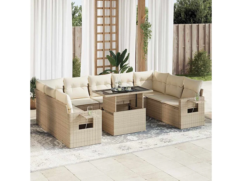 Salon de jardin avec coussins 10 pièces beige résine tressée