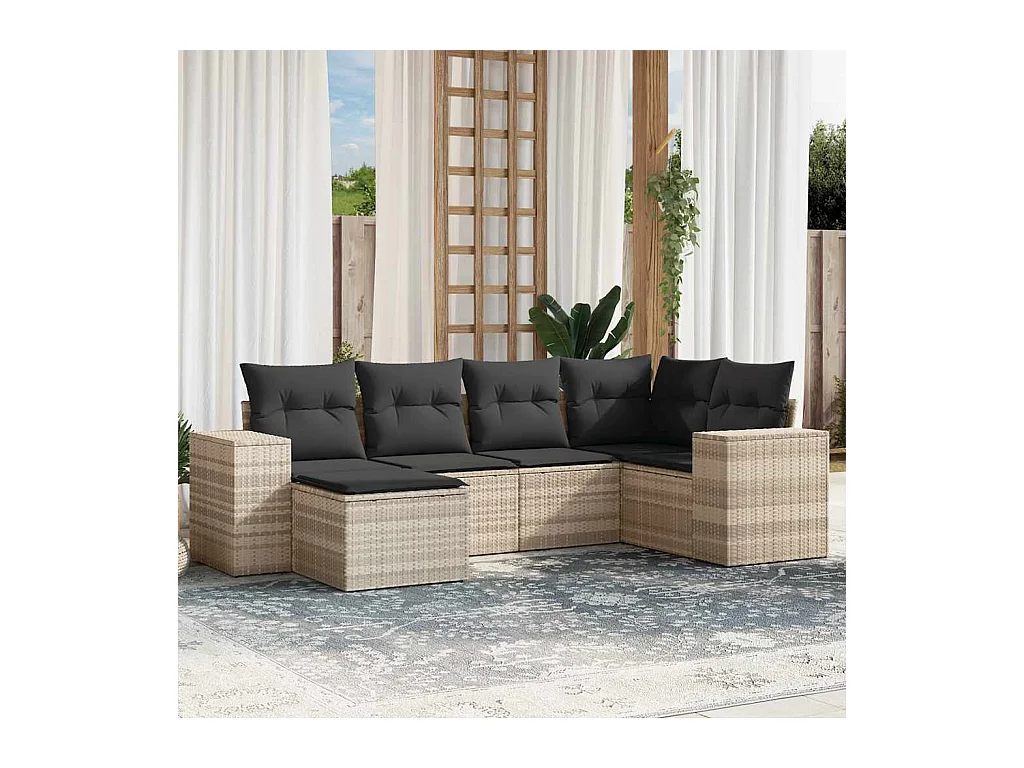 Salon de jardin 6 pièces avec coussins gris clair résine tressée